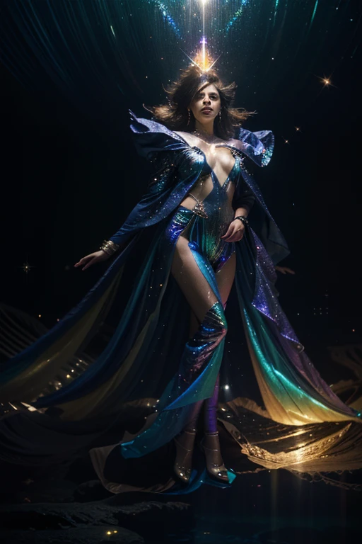 A woman with dewy skin and cascading blonde waves is doing a sensual dance in a full body shot from the front. She is wearing lingerie-inspired eveningwear that reveals more than it conceals. The background is a high-end nightclub with mood lighting in high detail and perfect anatomy. It's late night with an alluring, mysterious mood and tone, and the lighting is low and colorful, (sensual dance pose: 1.5), (revealing eveningwear: 1.9), (perfect anatomy: 1.5), (late night: 1.6), (alluring mysterious mood: 1.7), (low colorful lighting: 1.8).