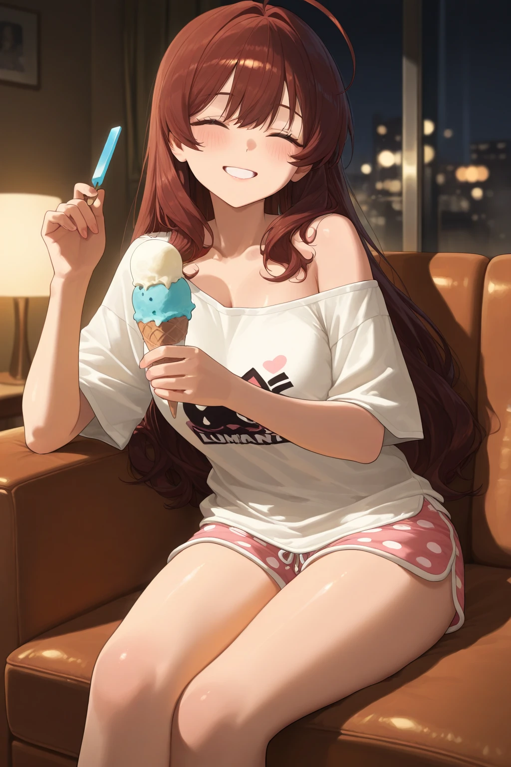 Mea kurosaki,Mea Kurosaki,Redhead,Long Hair,Long braids,Purple eyes,smile,Open your mouth,Black Tank Top,Black string underwear,barefoot,Sweat,Holding ice cream in both hands,Eating ice cream,Sitting on the sofa,whole bodyがイラストに入るように,
break looking at viewer, whole body, break outdoors, room, break (masterpiece:1.2), Highest quality, High resolution, unity 8k wallpaper, (shape:0.8), (Beautiful and beautiful eyes:1.6), Highly detailed face, Perfect lighting, Extremely detailed CG, (Perfect hands, Perfect ???????),