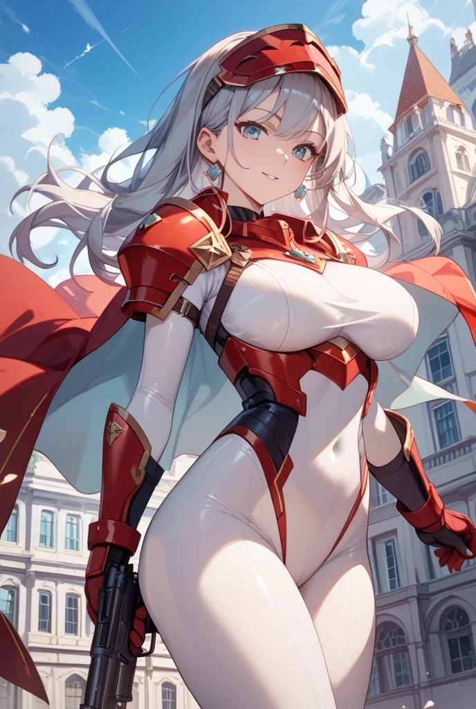 Lian, long white hair, hair stick, bangs, blue eyes, solo, smiling, standing, upper body, hips, bare shoulders,purple thighhighs, red dress, gold jewelry,armor,gloves,circlet, cleavage, red and gold royal castle, gigantic breasts, (best quality, masterpiece, beautiful and aesthetic:1.2, highest detailed face, perfect face,)  eyes, perfect face,expressive eyes,
looking at viewer, in the center of the image,(Upper_body),(Focus on her face),
official art,extremely detailed CG unity 8k wallpaper, perfect lighting,Colorful, Bright_Front_face_Lighting,shiny skin, 
(masterpiece:1.0),(best_quality:1.0), ultra high res,4K,ultra-detailed
