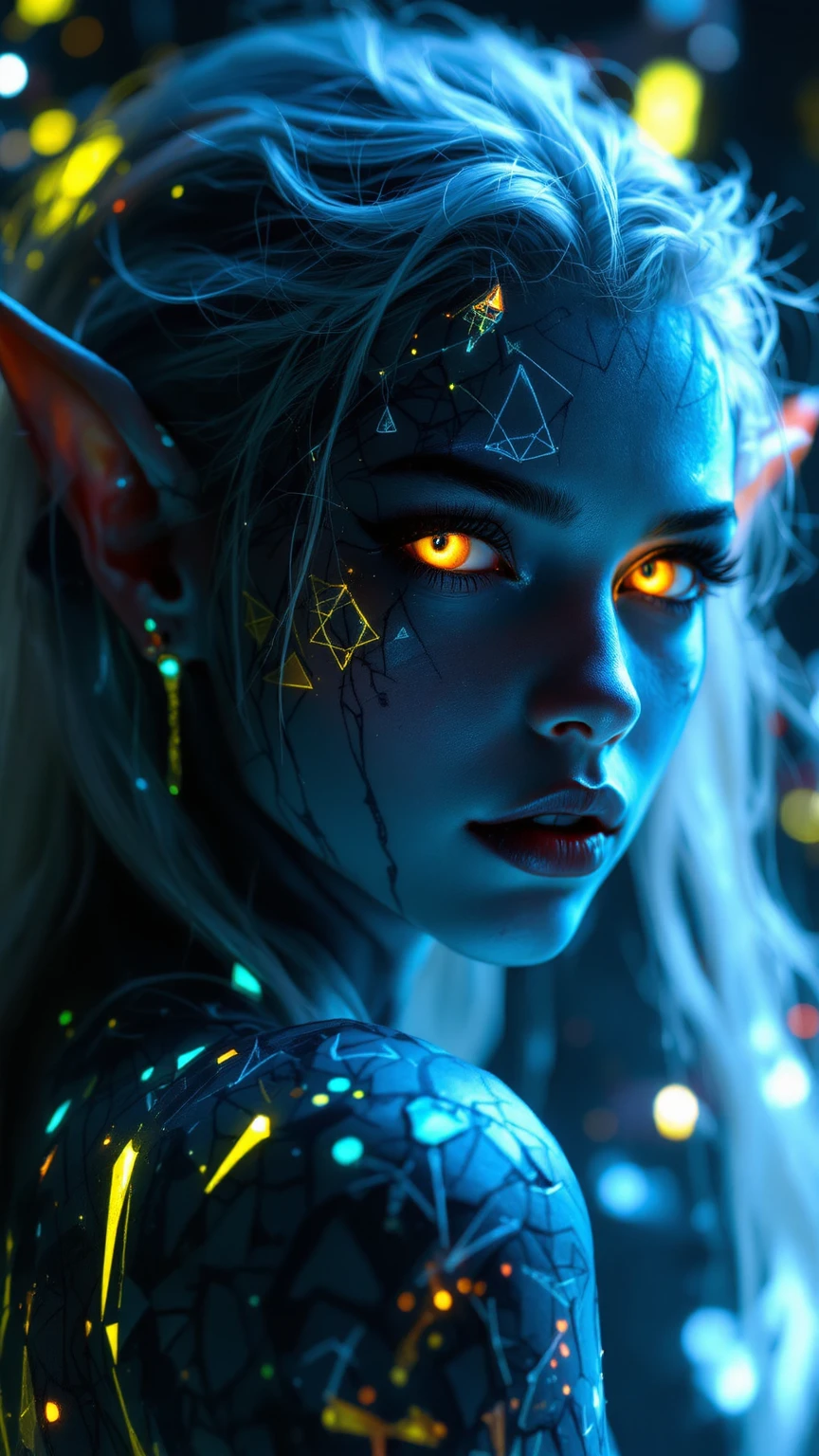 Beautiful woman with blue skin, 4 yellow eyes, arms, very tall