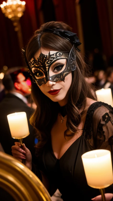 A wild and crazy party with a group of humanlike crows at a masquerade tea party, adorned with copious amounts of shining jewlery and piles of trinkets scattered about. Gothic, laughter, party, raven, feathers, black, revelry, danging
