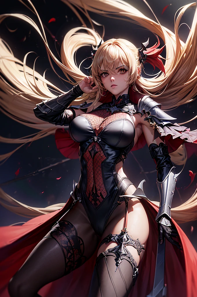masterpiece,best quality,extremely detailed CG,ultra-detailed,beautiful detailed eyes,1woman,general,demon knight,metal armor,red eyes,random hair,angry smile,sexy makeup,open stance,tatoo,small breast,skinny,dynamic pose,