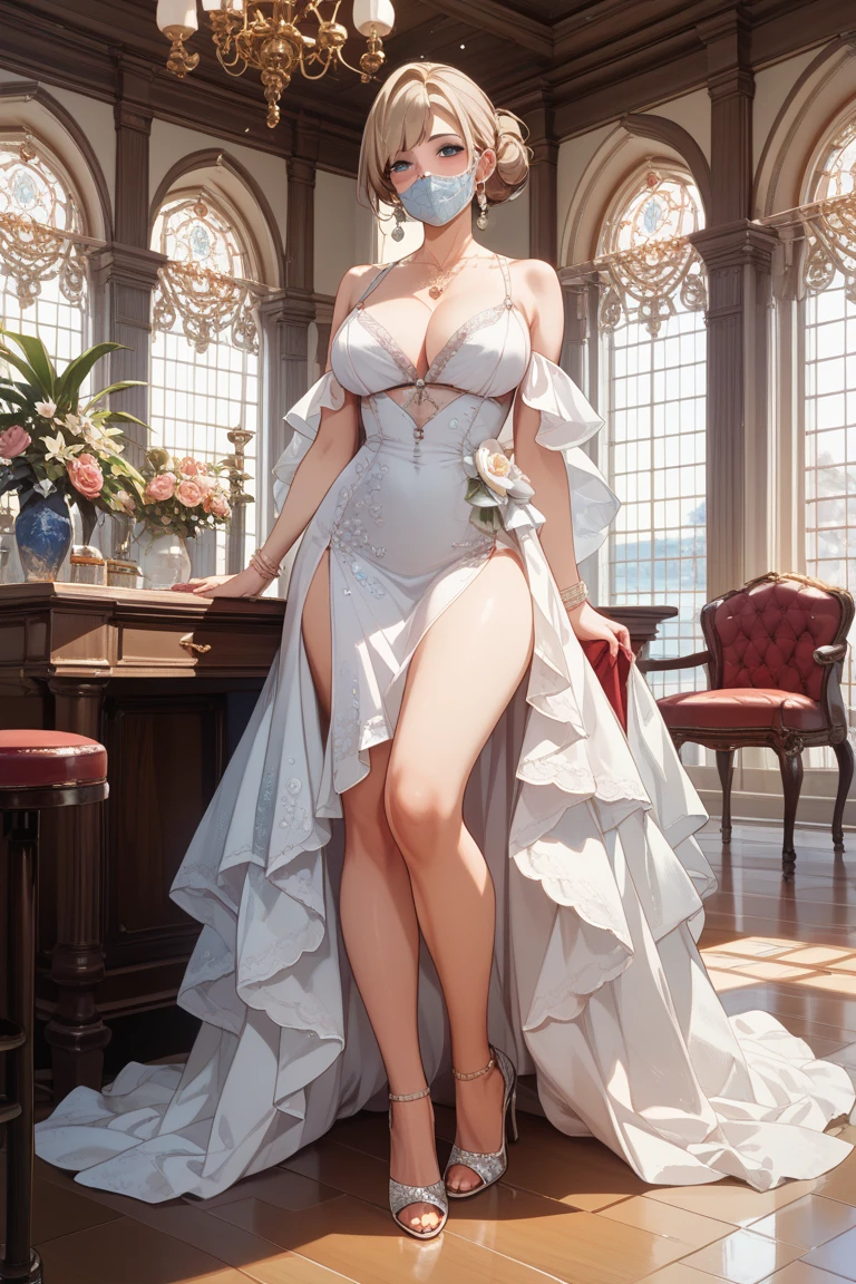 (masterpiece, best quality, realistically, Work, super detailed, 8k), ((Wide-angle lens, Full body female love)), 1 girl,Light makeup,Exquisite facial features,Dark brown hair, Pompadour hairstyle, curls,short hair,white lace gloves,lace shirt,puff sleeves,cotton lace skirt,front standing posture ,facing the audience,full body portrait