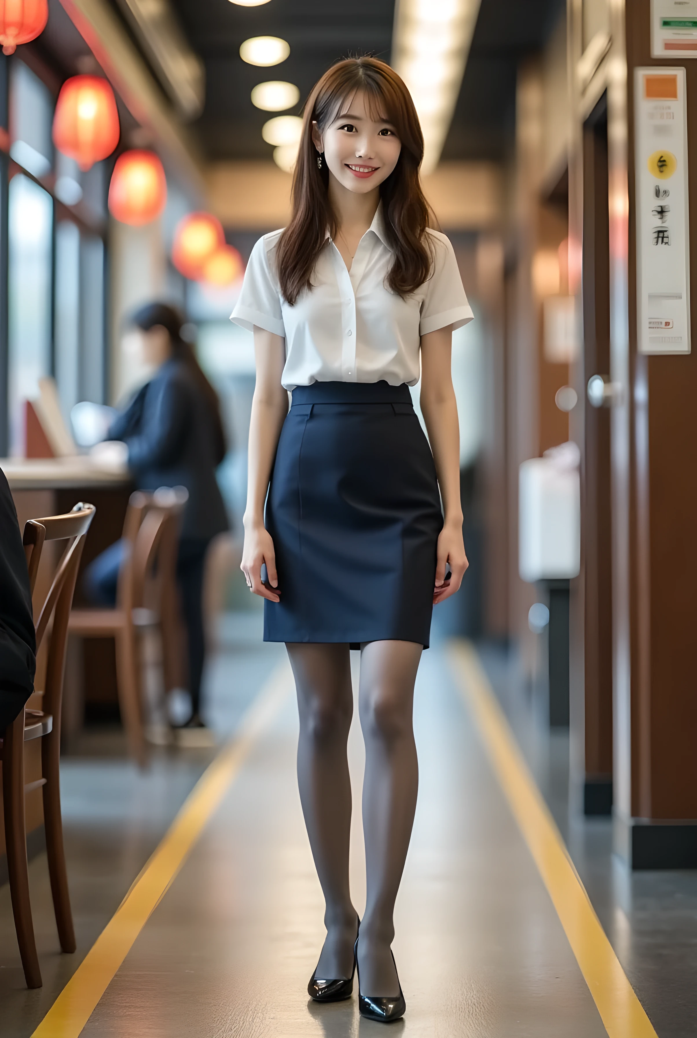 Super Real , photorealistic , (Full body image:1.5), She looks so happy , shadow, Global Illuminations , Alone, (japanese women in their 20s :1.5), very beautiful、 cute smile , Slim, brown hair , beautiful legs , Long, slender legs , Surimi West , She's wearing a receptionist ,wearing a bus guide , turn your body forward、 white hair,full body photo ,Please take a picture up to the tip of your foot ,wear gray pantyhose on her legs ,When the light hits stockings, they reflects beautifully., I'm wearing black high heels ,