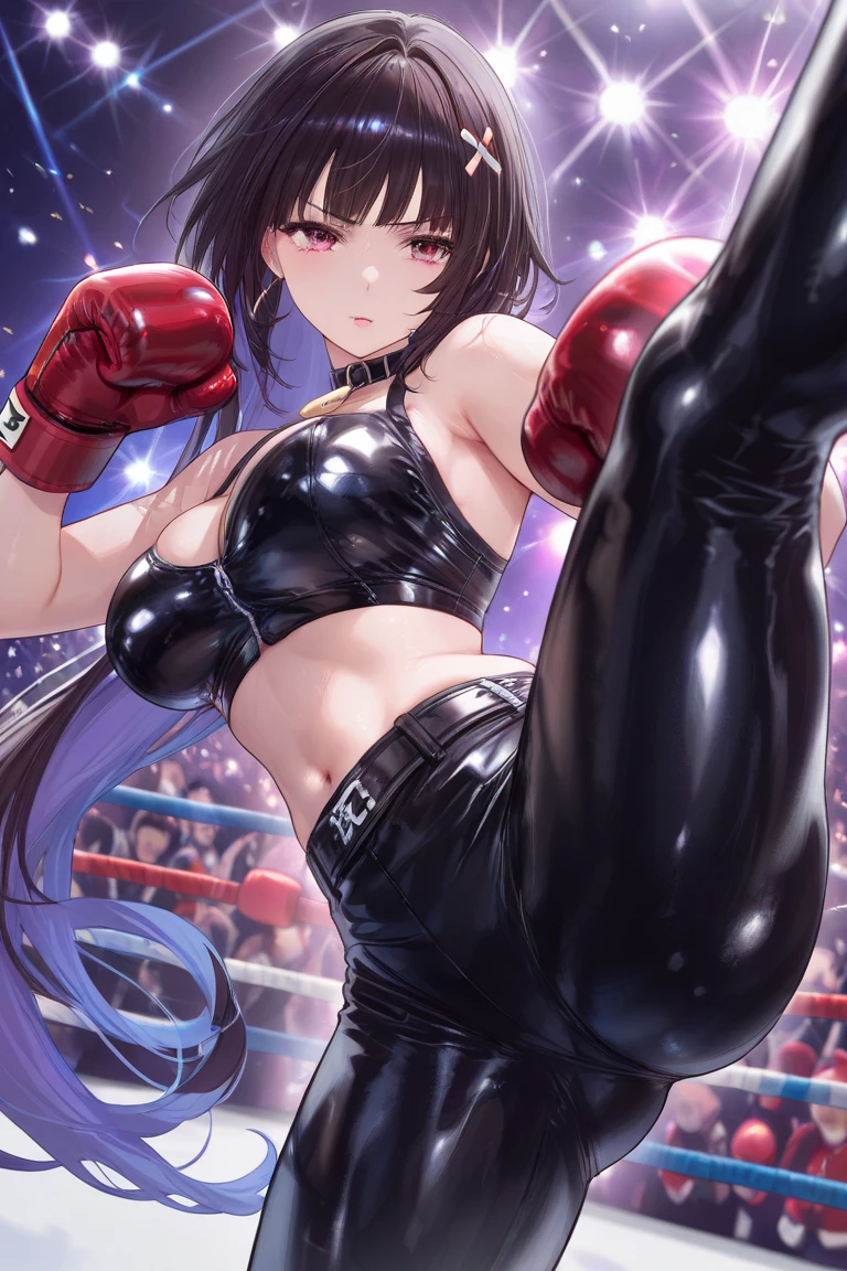 korean beautifull girl，18 years old,Pretty Face，Slim figure，detailed picture, Seductive expression， blush，White long hair, Only a black cloth wrapped around his body，Soaked，Wear black pantyhose，No shoes, Wearing black fingerless boxing gloves，Black sleeves on arms, Sit in the boxing ring and stretch one foot forward，Large Breasts,Cleavage,Long legs，Thin waist，nipple，Camel toe，Collar，Cat ear