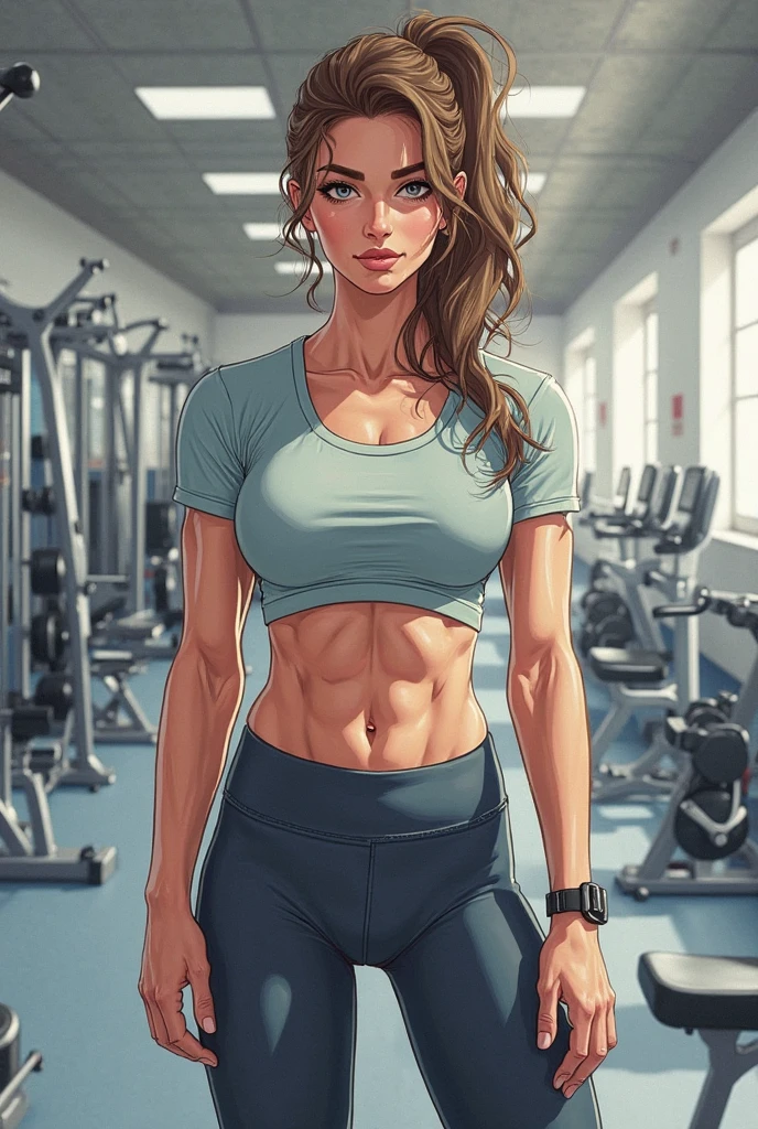 A 19 year old girl with small breasts and a big butt with a thin abdomen, with long brown hair, with freckles, rectangular glasses wearing tight clothes in a gym exercising