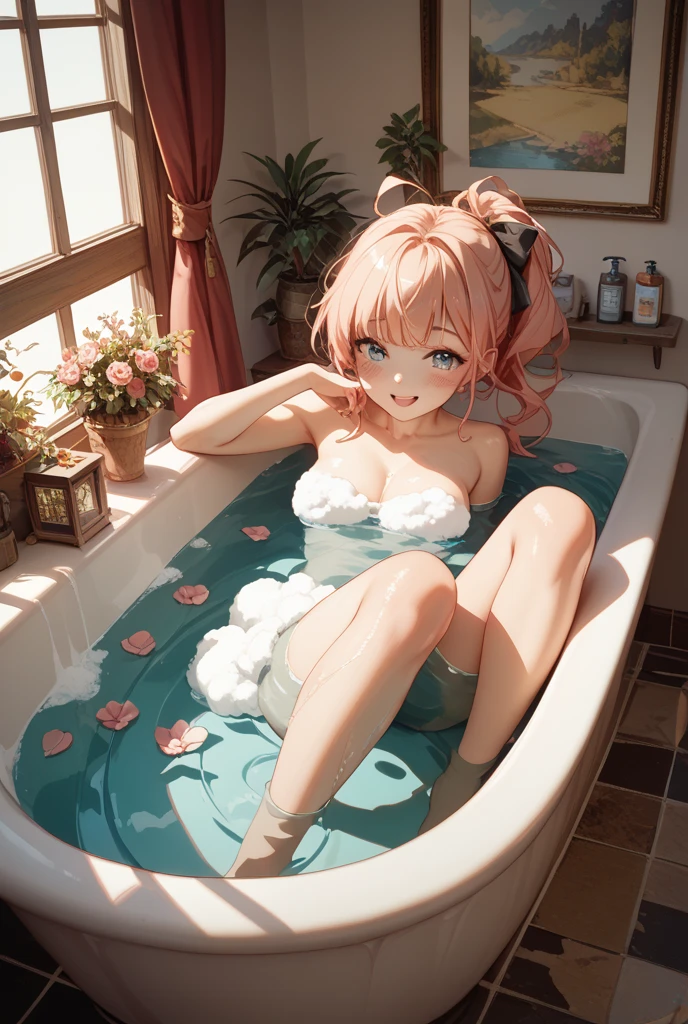 , pink water in a large bath, tinas, japanese bathhouse, Bubble bath, filled with water, brain in a vat!!, komono, Bath, bleeding in the bath, milk bath photography, in bathroom, 😭 🤮 💕 🎀 Reveal the small pink panties on the body,Seductive expressions,What stands out is the gap in the panties,He opened his mouth,white stockings,Lace bra