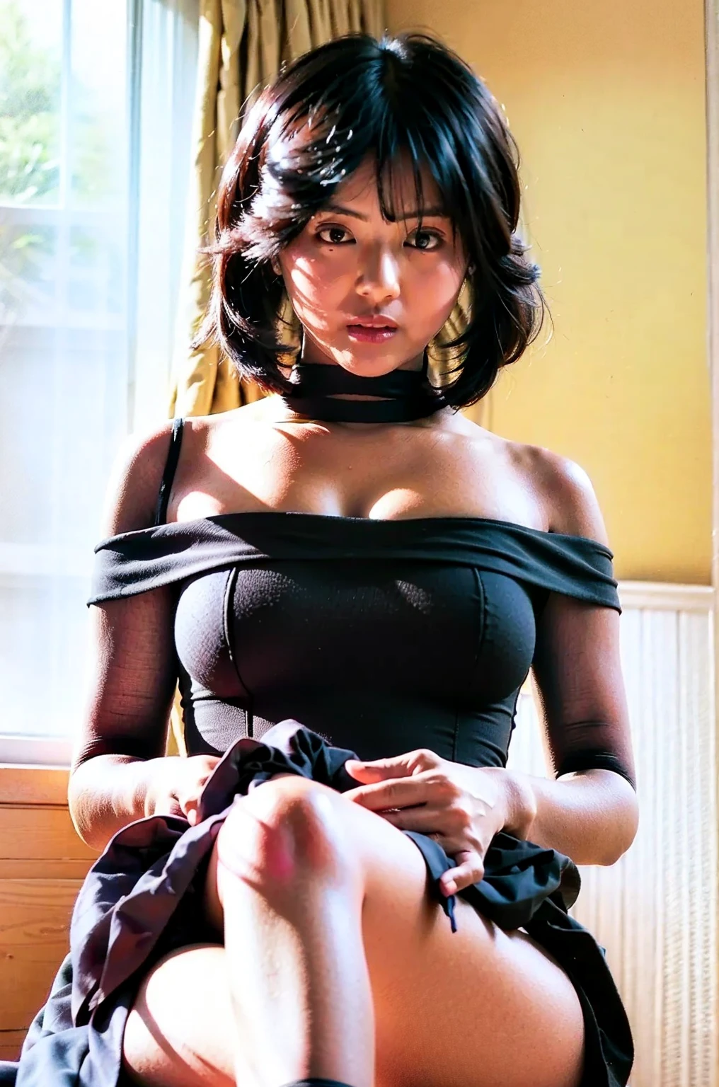 beautiful, (masterpiece:1.2), (best quality:1.2), perfect eyes, perfect face, perfect lighting, 1girl, black hair, bob cut, hair covering one eye, grey sleeveless sweater, look at the viewer, (ahegao:0.5, wide angle:0.8),arms up, (steam,sweat), sexy pose、brown、black skin、body without muscles、on the bed