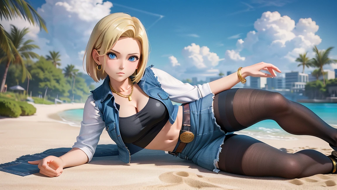perfection of face, detalles de manos y dedos, detallado de rostro, piernas largas y bonitas, Androide 18 de dragon ball super, chica rubia, cabello corto rubio dorado, cabello lacio, pelo amarillo, ojos grandes azules, bonita, hermosa, look would be thoughtful, playera ajustada de manga larga color blanco con lineas negras, chaleco abierto de mezclilla azul, minifalda corta sexy de mezclilla azul, coffee boots, pechos grandes, caderas amplias, cintura delgada, dragon gigante al fondo, desierto, arena, rocas, calor, sol