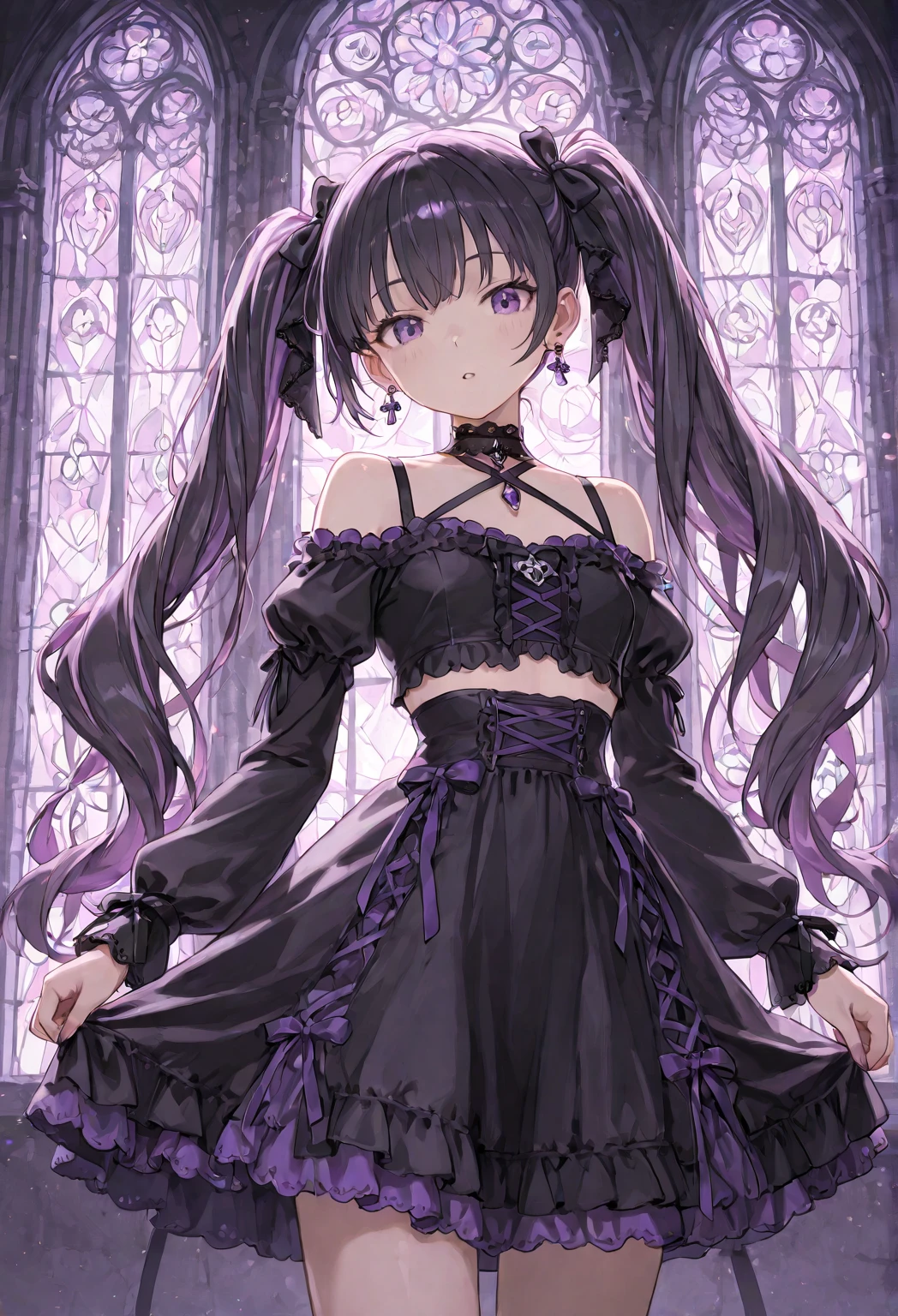 Una chica de piel morena sonrojada, con el pelo corto y desordenado con flequillo de color negro , ojos grandes y redondos de color negro, hero costume that was a purple corset, a skirt with a pink bow, medias largas con rayas color morado con rosa, y unos zapatos estudiantiles Cute, imagen de alta calidad, colores pastel, orejas de elfo