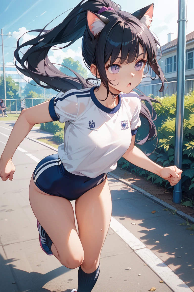 realistic, 1 girl, ponytail, parted lips, blush, compensate, light smile, brown hair, sportswear, skirt, wet clothes, shine, thighs, purple eye, bare shoulders, clavicle, tight waist, sunbeam, sunlight, Wind, cleavage, (masterpiece), Sweat, sports shoes,