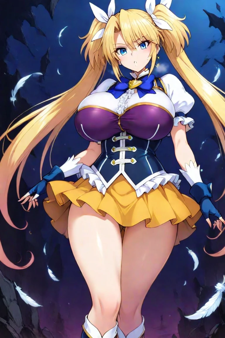 (((Highest quality、8K、masterpiece:1.5)))、(Slanted Eyes、Red eyes、Yellow Hair、Long Hair、bangs、Big Breasts、Yellow Magical Girl、13 years old))、((Perfect Anatomy))、whole body、Moonlit Night