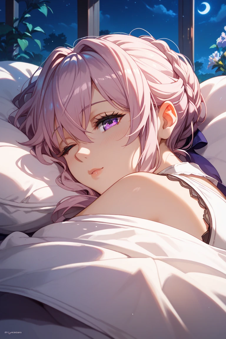 young girl, 17 years old, twintails hair style, light purple hair, greek white dress, lying in a bed, blue eyes, sensual position, looking at viewer, in a white palace, 4k, detailed face, good anathomy