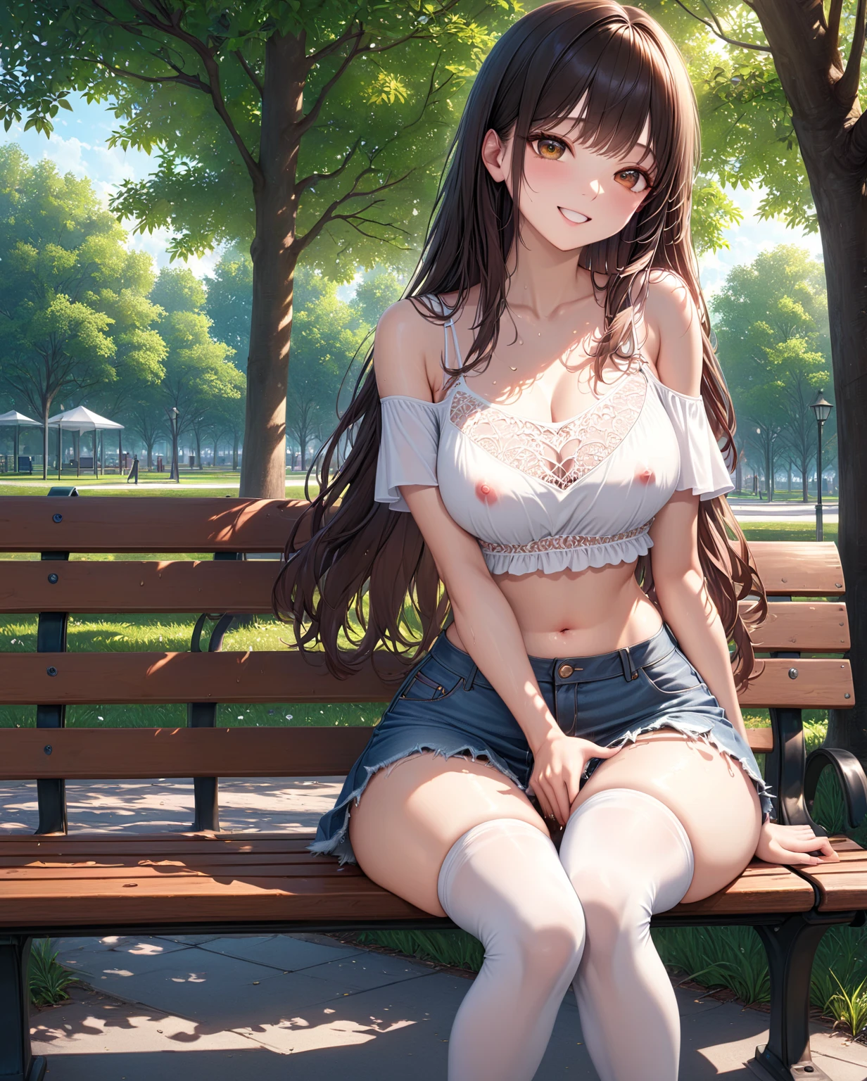 Coquette girl, long brown wavy hair, big breasts, sexual seductive pose, huge breasts, wearing a white flowing lace dress with breasts out, wearing pink bows, in a meadow with plants and flowers, warm spring day, sitting down with legs spread open and feet showing, pussy spread open and leaking