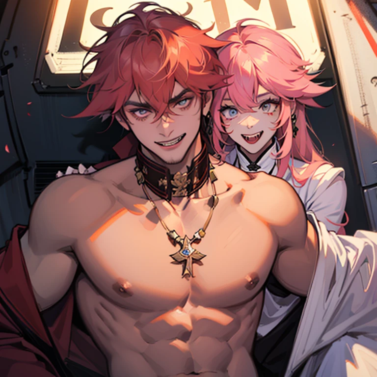 A muscular man with long straight pink hair with a muscular body brutally fucking a femboy angel with long wavy orange hair and cyan eyes