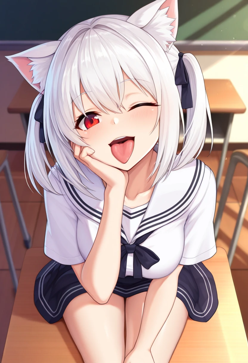 one girl, black sailor uniform, plaid skirt, long sleeve, naive, cat ears, thirteen years old, long hair, light blue eyes, white hair, all fours, from diagonally, lick dildo, aphrodisiac, heart mark, hypnosis, on bed