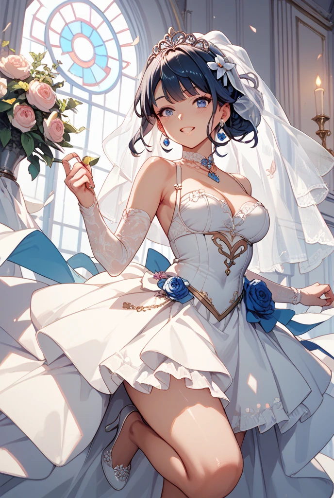 Best quality at best,tmasterpiece,1girll,10years old,white wedding gown,Surrounded by flowers,The upper part of the body,closeup cleavage,with short black hair,(little breast),grassy fields,big breasts beautiful,looking at viewert,ssmile,white stockings,particle fx,Off-the-shoulder attire,black big eyes,Close-up