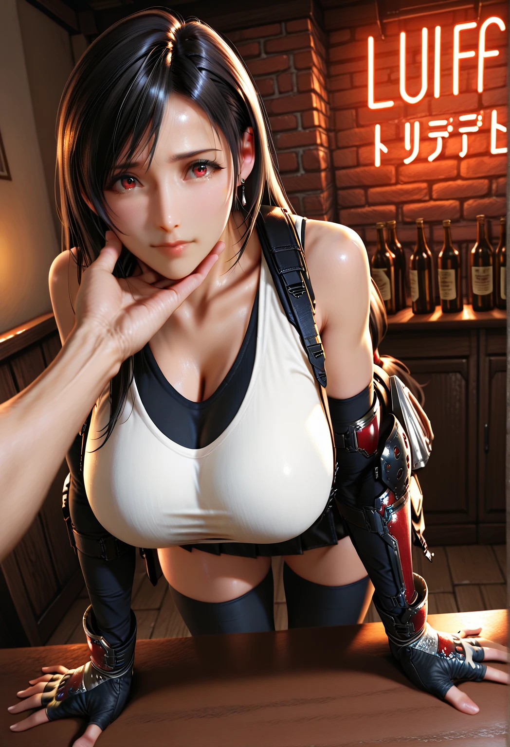 (Be red in the face,20yr old,elongated eyes)、(((1 female、upper body 、(milking machines:1.2)、nursing、teats、toppless、huge tit:1.1、Beautiful nipples 、big areolae:1.5、shinny skin:1.2、Constriction)))、((Tifa Lockhart))、((Beautiful detailed red eyes))、Black hair、Long hair、ultra detail face、Professional Lighting), Best Quality, Perfect face, (Collar with chain )、(realisticlying:1.4)、 top-quality、Very fine and beautiful、 Tifa_lockhart, brunette color hair,sweating profusely, Suspended Black Skirt、elbow groves, Face Light, Cinematographic lighting, nabel,(Dark Prison、Dark Dungeon:1.5) , the background is blurred, Flapping hair, Adult beauty、View Viewer、pump、Pump Machine
