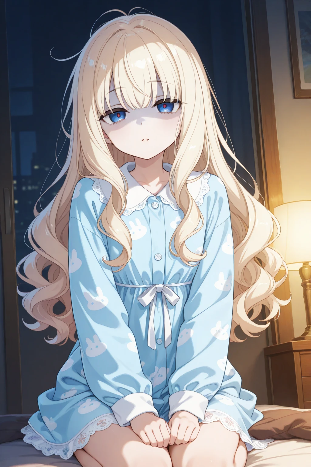 A girl of fragile physique, Regular. The girl has long blonde hair and blue eyes. beatiful face, cuteface. calm face, canny smile. Detail Eyes. The girl is dressed in a white office shirt, long pleated skirt and light brown cardigan. A girl stands in a dark wooden office with dim lighting from the moon, which shines through the window. moonlight lighting. Detailed background, detailed clothes. handsome body. hairlong, The bangs are combed to the side. medium chest size. Beautiful detailed eyes.