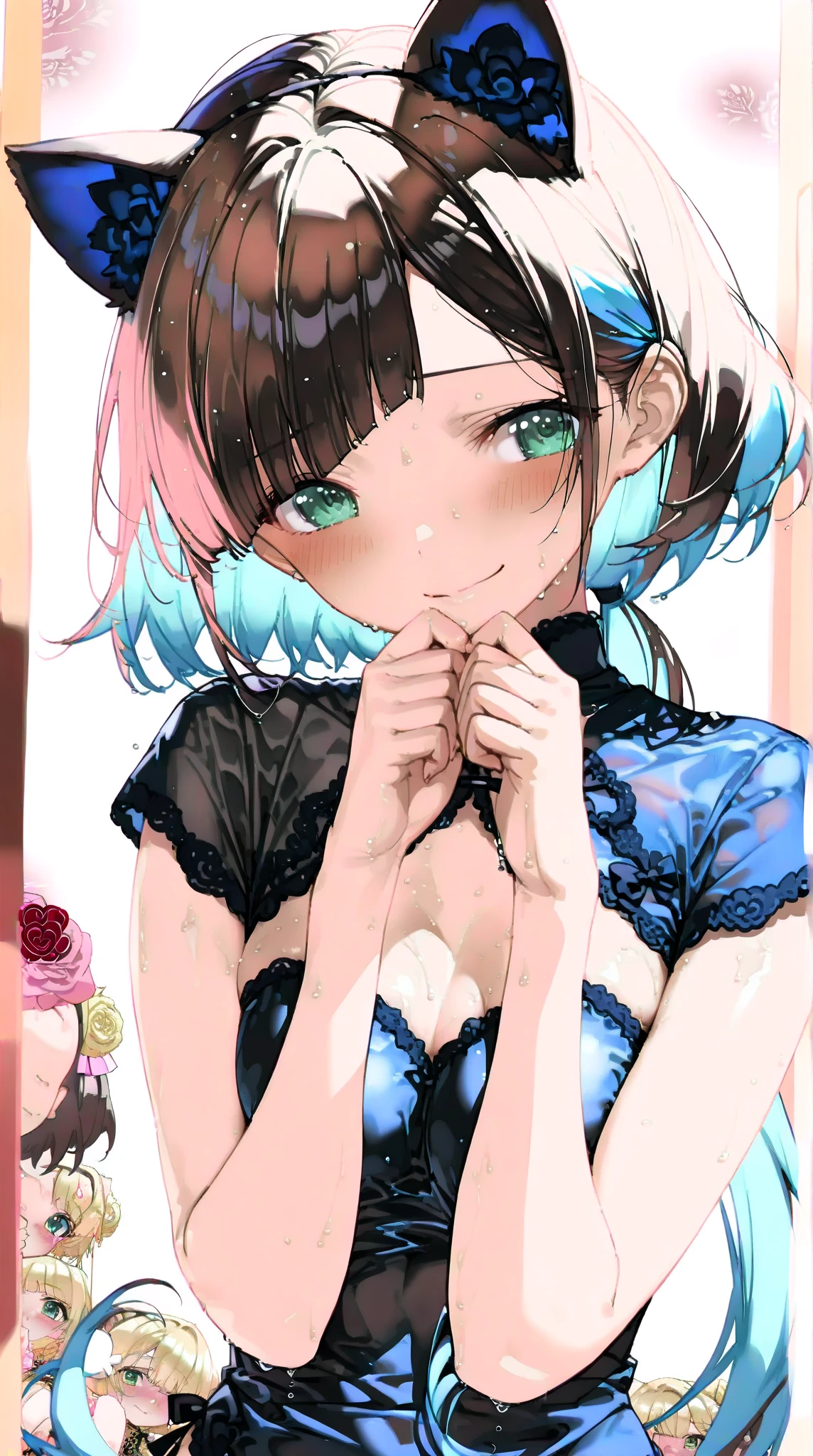 (high quality, 8k, 4K, High Contrast, masterpiece:1.2, 最high quality, Best aesthetics), (Dynamic Angle), ((1 female teen)), (Full Shot), ((Plain and bright background)), ((Flat Color)),(The upper body is black with a lace pattern camisole), (Deep blue lace thong panties fully visible), Hands clasped in front of the stomach, The hands are hidden and out of sight, The hands are anatomically correct, Turning his back, Posture with buttocks sticking out, Looking at the audience, Upper Body, Transparent Background, Sleepy eyes, High Contrast, Contrasting colors, , Pale pink and blue lighting, ((Short Hair)) , Rainbow Hair, Small star-shaped earrings in both ears, watch, bright eyeshadow, Cool look, Angle of view that allows space above the head to see the background, The thighs are half-covered.