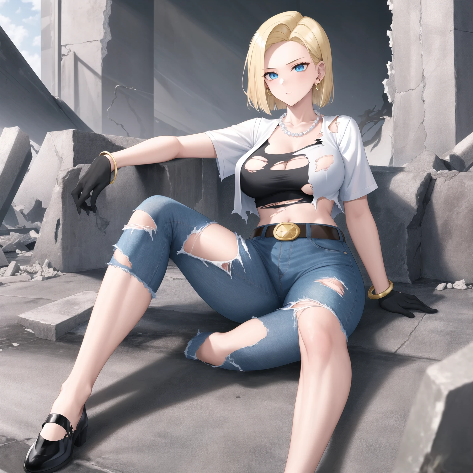 best quality, highres, and18, 1girl, android 18, solo, blonde hair, blue eyes, belt, jeans, pearl_necklace, bracelet, black gloves, white shirt, short hair, short sleeves, earrings, blue pants, open vest, black vest, large breasts, (ruins:1.3), (torn clothes:1.5), sitting, expressionless, crossed legs,