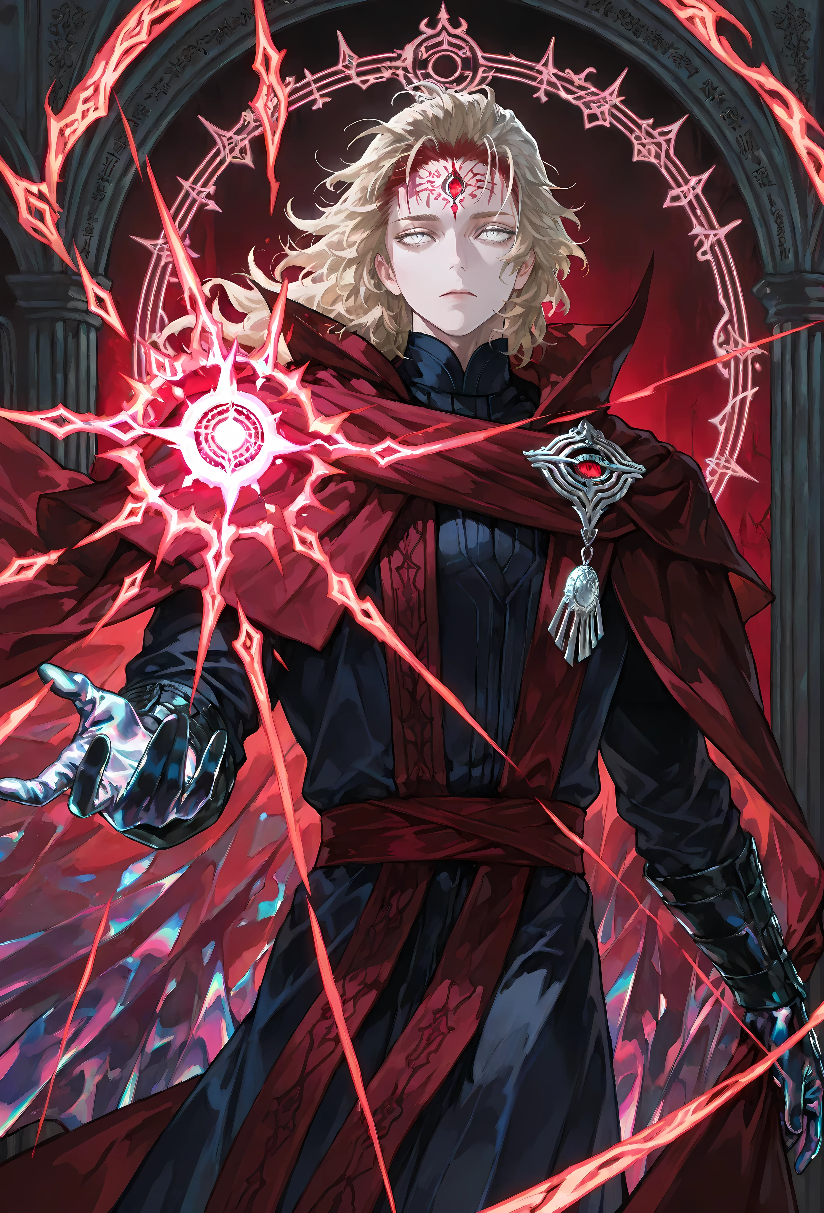 8k, beautiful masterpiece, looking out at the front, alone, pale skin, Perfect Eyes shape, Athletic Build, ((He wears: Black Doctor Strange Robes, Eye of Agamotto Amulet, Dark Red Cape with Cowl, Mystic Gloves, Dark Red Sash)), (((background is vast magic library, looks emotionless and somber casting a spell via magic sigils and glyphs))), 23 years old male, 1 man, male-centered, handsome man, handsome, short messy hair, blonde hair, Thick painted, (((iridescent silver eyes; vertical third eye on the forehead))), Perfect Eyes, masterpiece, top quality, amazing quality, exquisite details, very detailed, semi-realism art , semi-realism art style