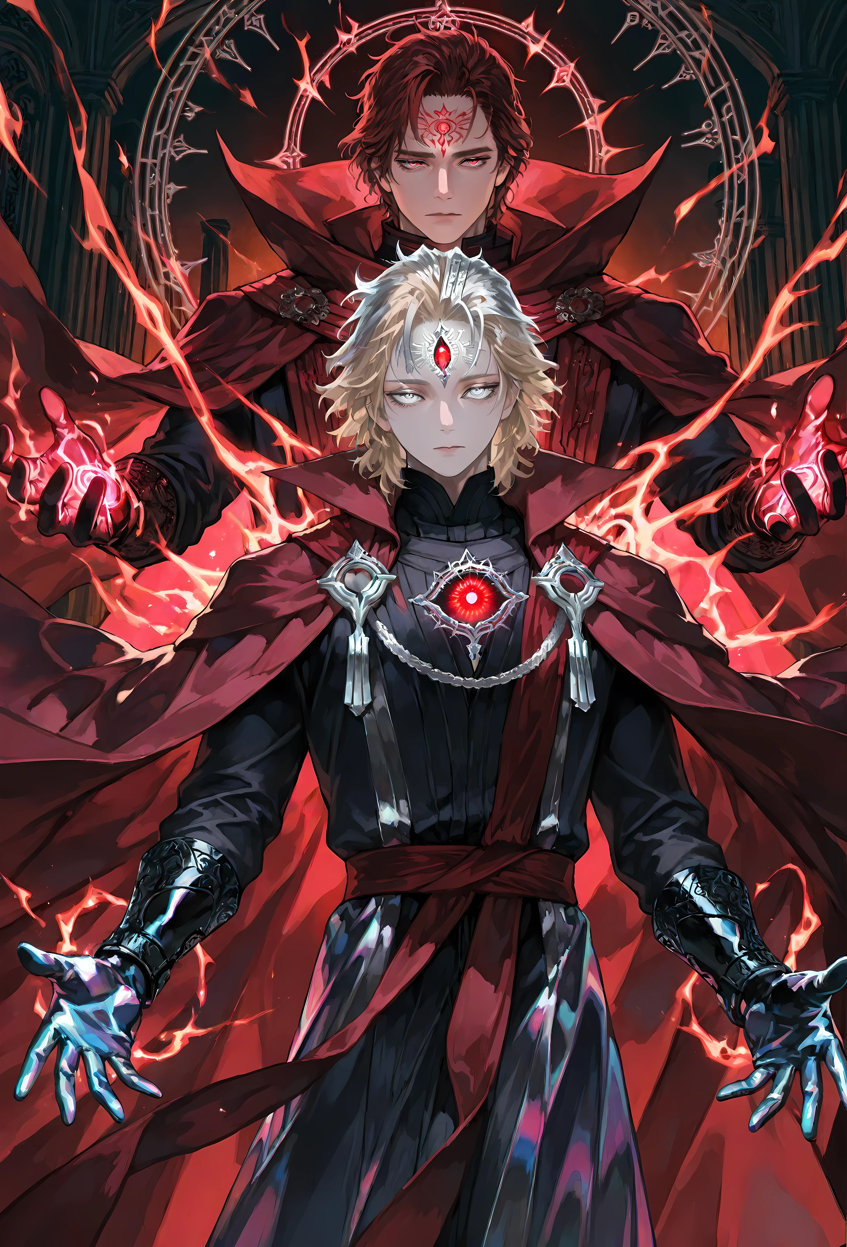 8k, beautiful masterpiece, looking out at the front, alone, pale skin, Perfect Eyes shape, Athletic Build, ((He wears: Black Doctor Strange Robes, Eye of Agamotto Amulet, Dark Red Cape with Cowl, Mystic Gloves, Dark Red Sash)), (((background is vast magic library, looks emotionless and somber casting a spell via magic sigils and glyphs))), 23 years old male, 1 man, male-centered, handsome man, handsome, short messy hair, blonde hair, Thick painted, (((iridescent silver eyes; vertical third eye on the forehead))), Perfect Eyes, masterpiece, top quality, amazing quality, exquisite details, very detailed, semi-realism art , semi-realism art style