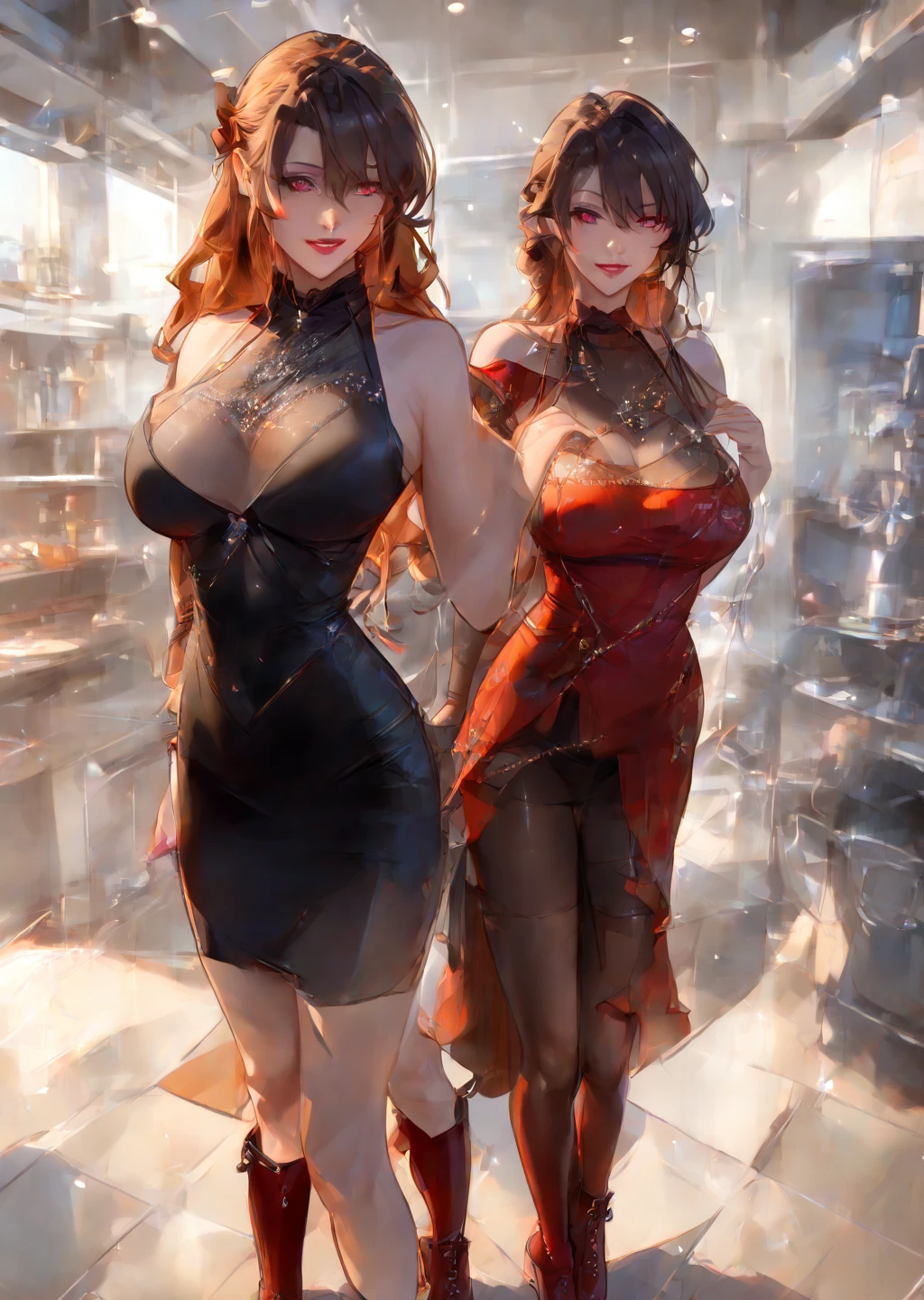 (((A woman))), (natural redhead), honey yellow eyes, by the width, small braids, bright smile, detailed eyes, chest a little big, detailed body, beautiful body, detailed clothing, black jumpsuit skirt with white blouse, head on, hands back leaning forward, flirtatious look, standing at the entrance of a house with the door open.