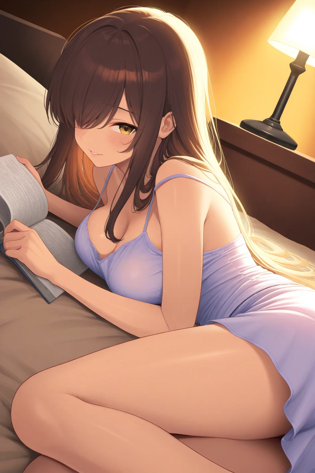 Make an anime style drawing of a white American woman with long brown hair and fairly big breasts. She is wearing a very small, tight, and revealing lavender and white bra and some small and short lavender and white shorts. She is laying on a bed and has a notebook resting on her stomach with the word “Diary” on it. She is very beautiful and young and around 18 years old. She is in a seductive pose