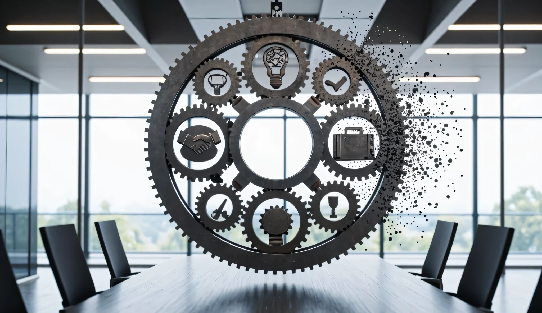 A photorealistic 3D illustration of a large circular arrangement of interlocking metal gears and cogs, suspended in the center of a modern, glass-walled office conference room. Each gear contains symbolic icons embossed on its surface — including a handshake for partnership, a lightbulb for ideas, a trophy for achievement, and a briefcase for professionalism. The gears are intricately connected, forming a unified system, but the right side of the circle appears to be disintegrating into scattered particles or dust, symbolizing entropy or a breakdown in the system. The office background is minimalist and corporate, with glass walls, sleek furniture, and diffused daylight entering from overhead lighting. The overall scene symbolizes the fragility and interconnectedness of business systems, teamwork, and success mechanisms.

Style: Hyper-realistic 3D render, business conceptual
Lighting: Soft ambient lighting from office ceiling panels
Mood: Reflective, structured, slightly cautionary
Camera Angle: Eye-level, centered on gear circle
Environment: Corporate office setting with glass and steel elements
Key Elements: Symbolic gears, motionless machinery, fading/disintegrating components, symbolic icons (handshake, idea bulb, trophy, briefcase)