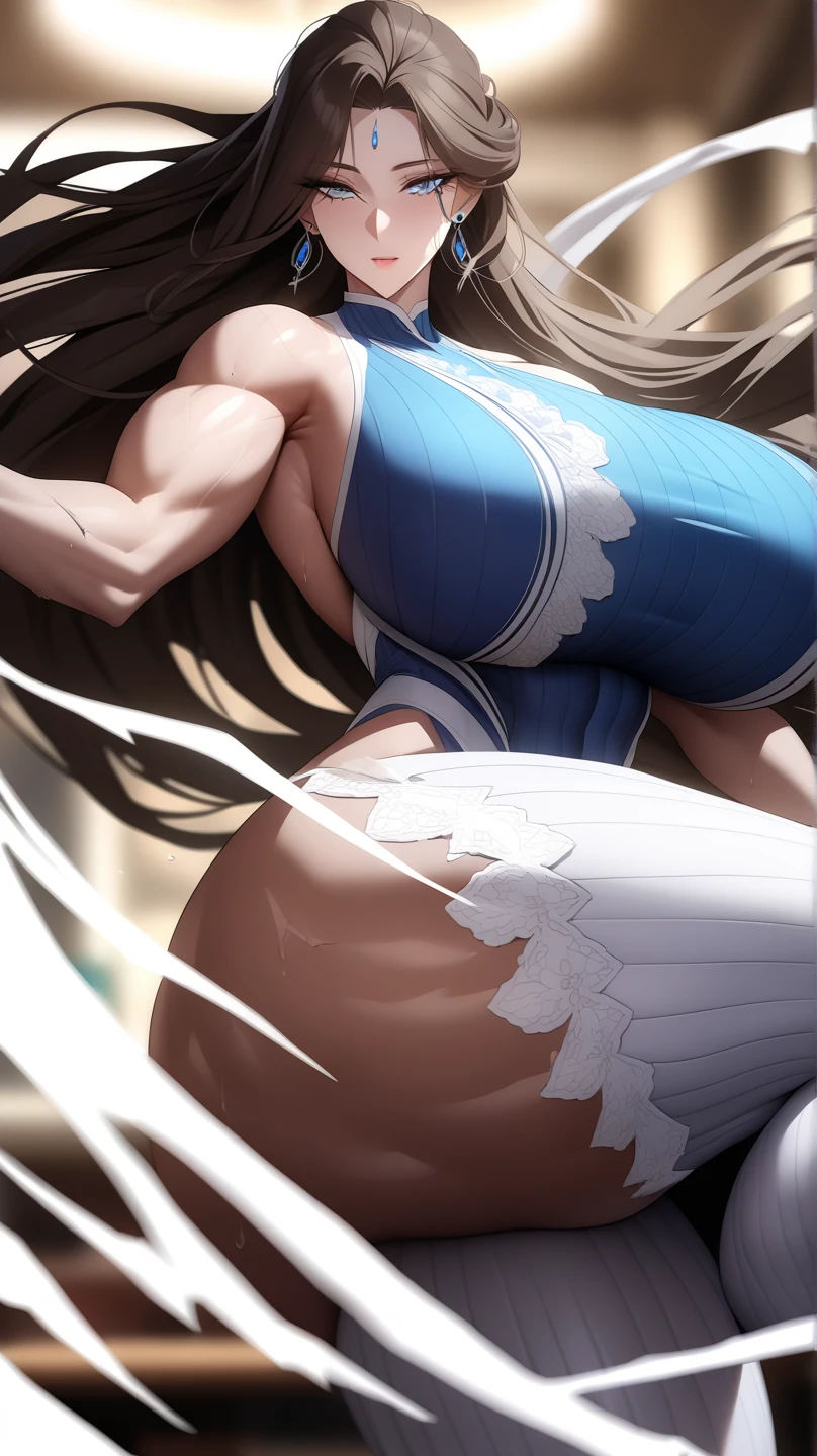 masterpiece, best quality, beautiful art, high resolution, well formed hands, body and fingers, 1 woman, solo, Megumin konosuba, grown up, adult, big breasted, cleavage, full body, long hair, hair ornament, gorgeous legs and thighs, blue_kunoichi_dress, white stockings, sleeveless, ryona , in peril, she is being beaten up by her opponent, she is slapped in the face and being slammed against the floor, receiving the impact of her opponent's attacks, closed eyes, screaming in pain and agony, ryona and perilous scene, bouncing breasts, weak and helpless, martial arts tournament on the beach