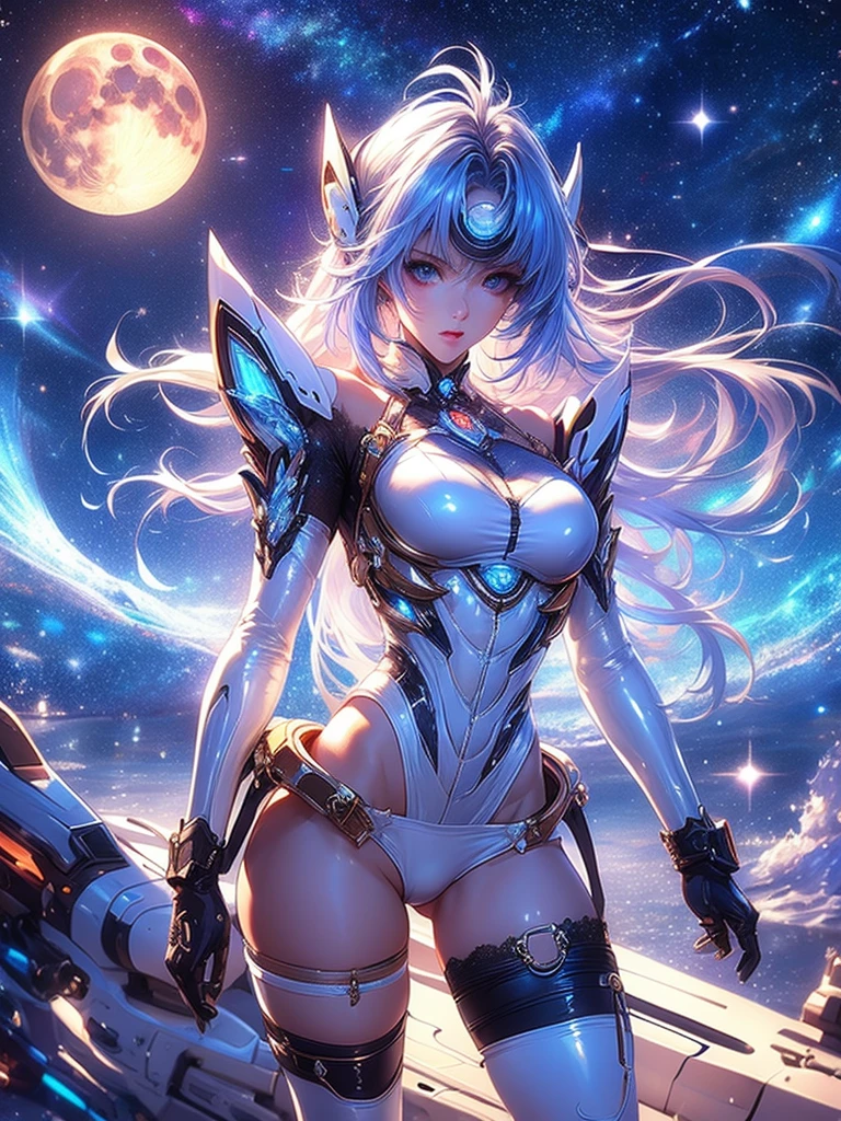 Monster girl, mechanical limbs, space, diamond dust, magic