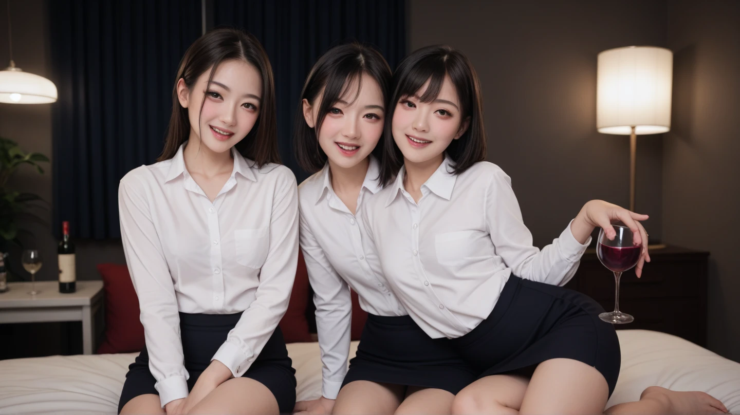 A close-up photo of two Japanese office girls, Hair tied up, Bangs down, (Double eyelids), looking at the viewer, In the office, (All smiling), Highest Resolution, masterpiece, (All wearing white loose long-sleeve office blouse and white-bowtie), ((All lifting up skirt, and exposing panties)), (All wearing earrings)