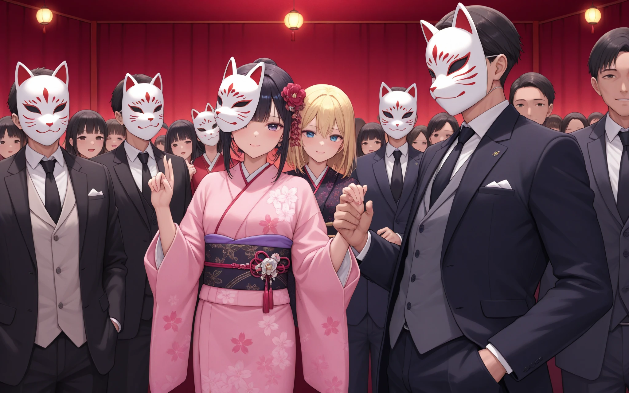 5 people wearing animal masks, elegant party, Royals, Fox mask, rabbit, lobo, tigre, cordero