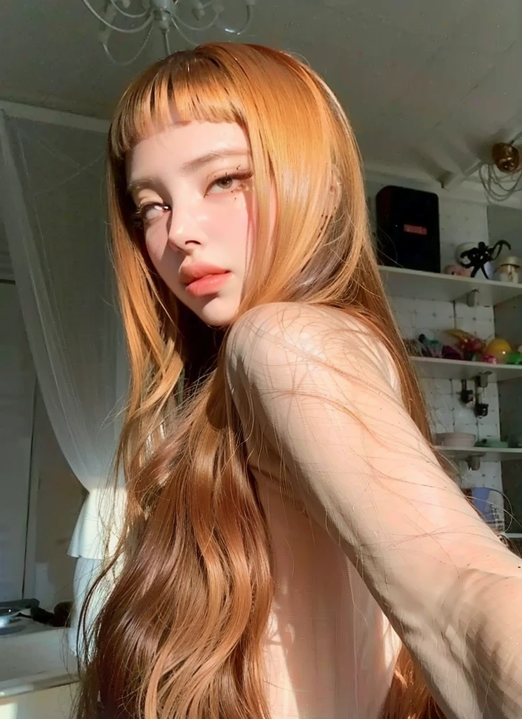 hay una mujer pelirroja posando para una foto, pale skin persian girl, ella tiene el pelo largo color naranja, She has long orange-brown hair., 18 years, pale and light skin!!, ella tiene el cabello rojo, 19 year old girl, pale red, con pelo rojo y ojos verdes, chica pelirroja, mejillas rojas, imagen filtrada