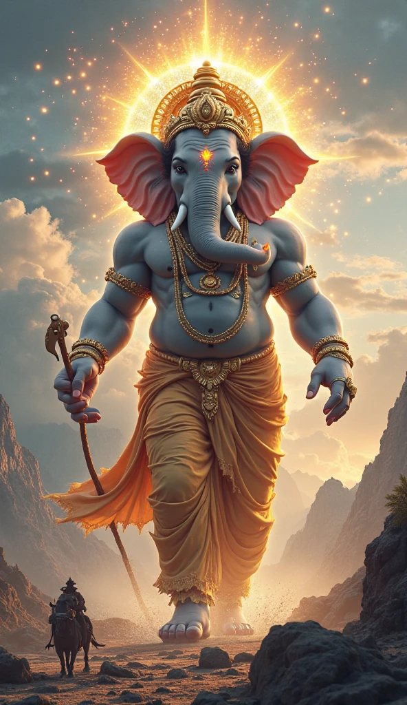 Ganpati god with big muscles detailed whites and black background foggy Indian flag and orange flag