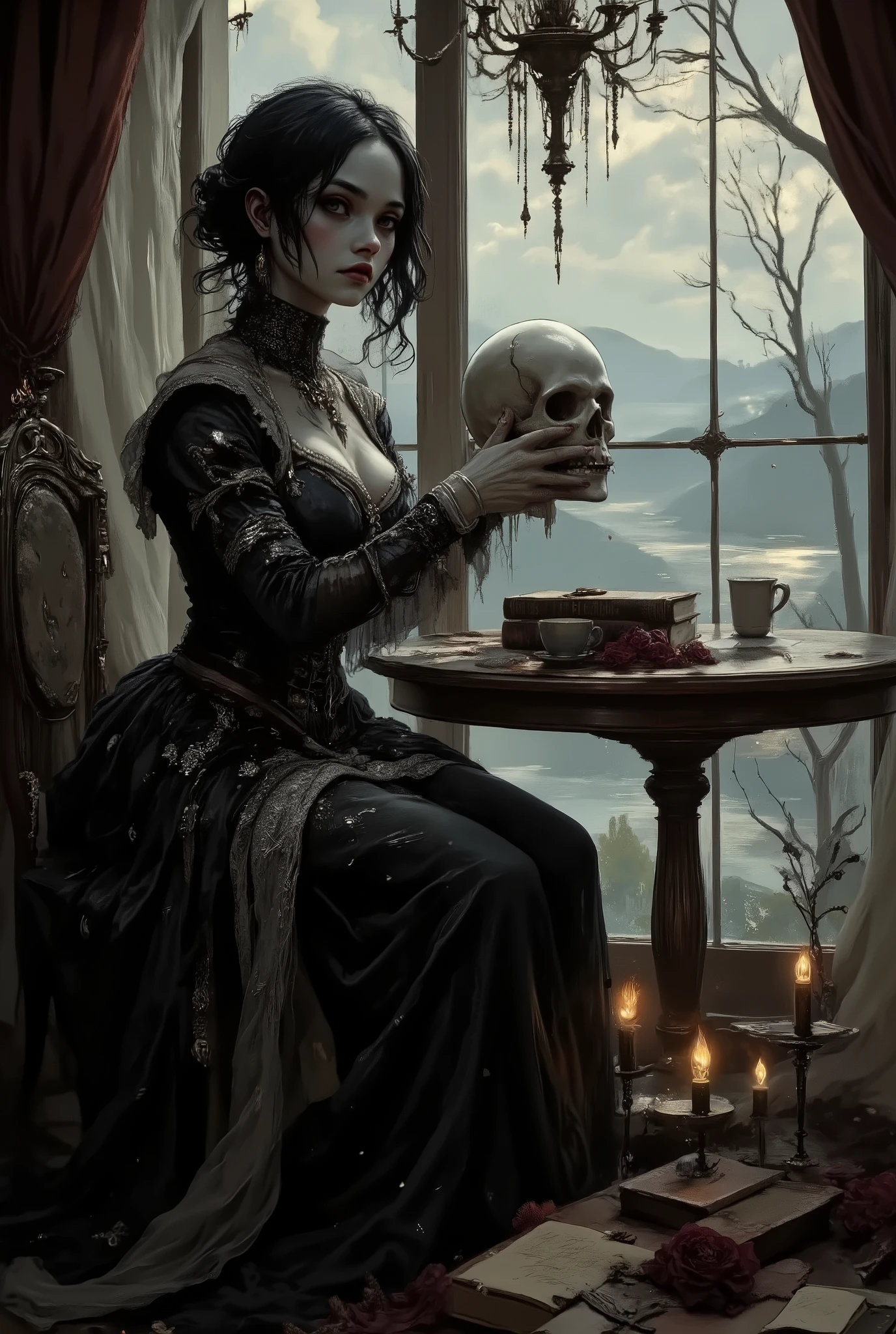 A young woman dressed in a Gothic outfit is sitting at a table. In one hand she holds a skull, and in the other hand she holds a silver cup, as if she is going to say a toast. Dramatic pose. The woman has pale skin and dark makeup, her lips are the color of red wine, and her eyes are highlighted with thick eyeliner and dark shadows, which creates a sharp contrast with her complexion. Her hair is jet black, styled in loose waves that frame her face and fall to her shoulders. Strands of hair are picturesquely intertwined with strands of gray pearls. She wears an exquisite Gothic outfit in which traditional Renaissance clothing is combined with modern elements of Gothic fashion. The outfit includes a fitted bodice made of rich black velvet, decorated with intricate silver embroidery imitating filigree patterns. Attached to the bodice are flowing sleeves made of transparent black fabric, which rise and then taper at the wrists, where they are fixed with silver lace cuffs. Around her neck she wears an ornate collar with frills of fine lace, adding a historical aesthetic and at the same time resonating with the modern Gothic style. Her skirt is voluminous and layered, combining luxurious fabrics such as satin and lace in various shades of black and dark gray, creating depth and texture. In the background, misty hills can be seen in the window under a serene sky. Closer to the foreground is an open window revealing this landscape, luxurious heavy draperies, several scattered objects on a wooden table: leather-bound books, heavy keys on a massive bunch, guttered burning candles in bronze candlesticks, dried maroon roses. Low angle. Color, light, tone, and linear perspective. Accent lighting from the window and from burning candles. Stylized digital art in the spirit of Gothic and fantasy. The style of painting by Leonardo Da Vinci, Jan van Eyck and Chris Peters.High detail.