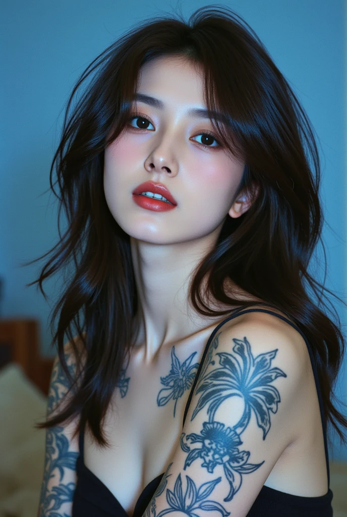 Realistic, 1girl in, Colorful hair, Purple eyes, Glowing eyes, cropped top, Skirt, Parted lips, blush, Night, Flowers, Sun, Sun, Sexy, Feminine, Seductive, Provocative, Multi-angle, ((1girl in)),Girl in fancy streetwear, neotokyo, Centered| Convoluted| Highly detailed| Breathtaking beauty| precise lineart| Vibrant| comprehensive cinematic| Carne Griffiths| Conrad Roset, 8K, Oil Painting, Cinematic lighting, rainy, ((The tattoo)),(Fancy hair color)),((random facial expression)),smirk grin,all-fours,Bright hair color