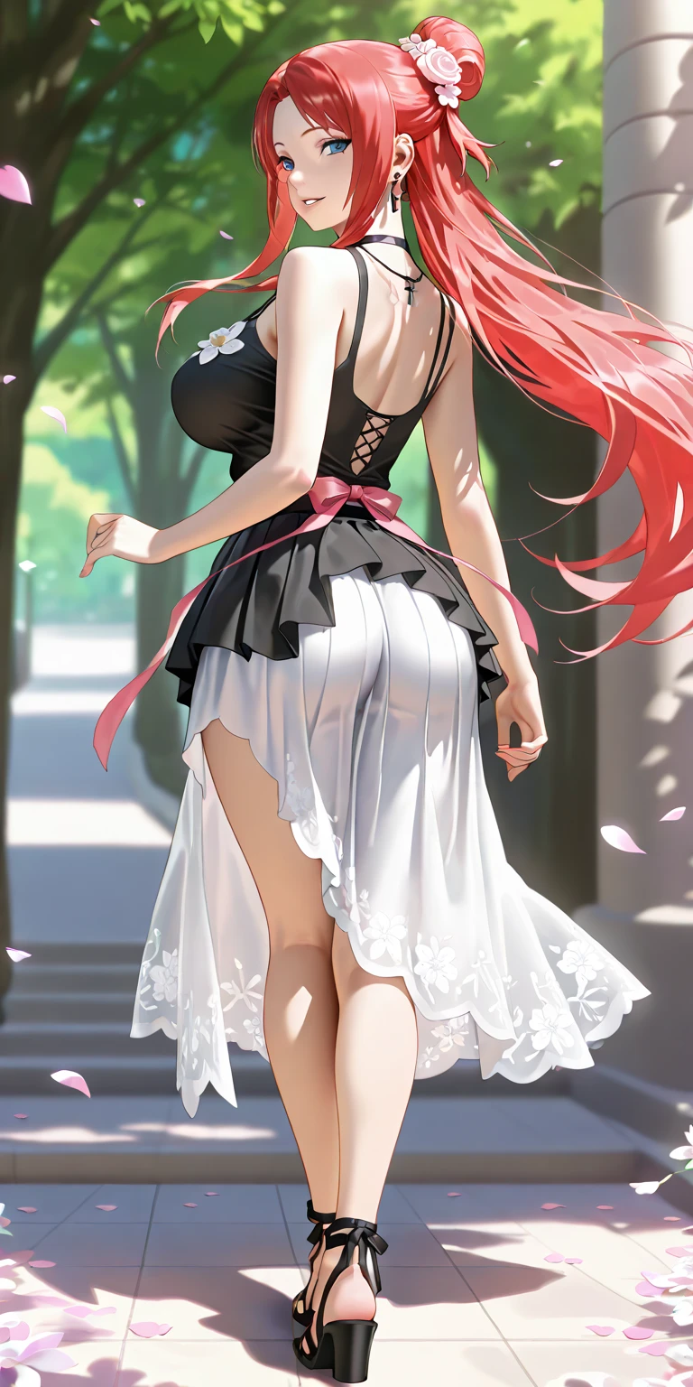 1 girl, long red hair, sword behind my back, long black skirt