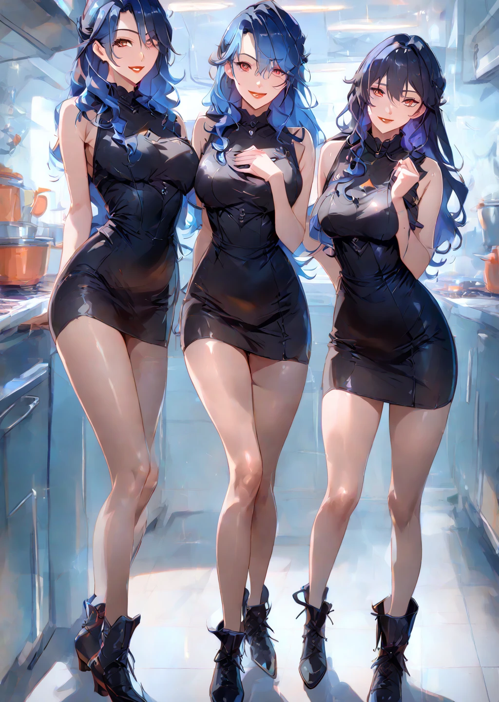 absurderes, 8K ,A high resolution, Ultra detailed, Beautiful, Masterpiece, Best quality, (Beautiful and delicate silver eyes), (3girl) ,Three sexy beautiful teens in office OL (Office Lady),white button-down blouse,There is a collar,Black Slit Skirt,(Black pantyhose),Long legs ,Detailed legs,High heels,Side ponytail , bangs,full bodyesbian,Big breasts,cleavage,Cyan hair,Blue hair,Pink hair,