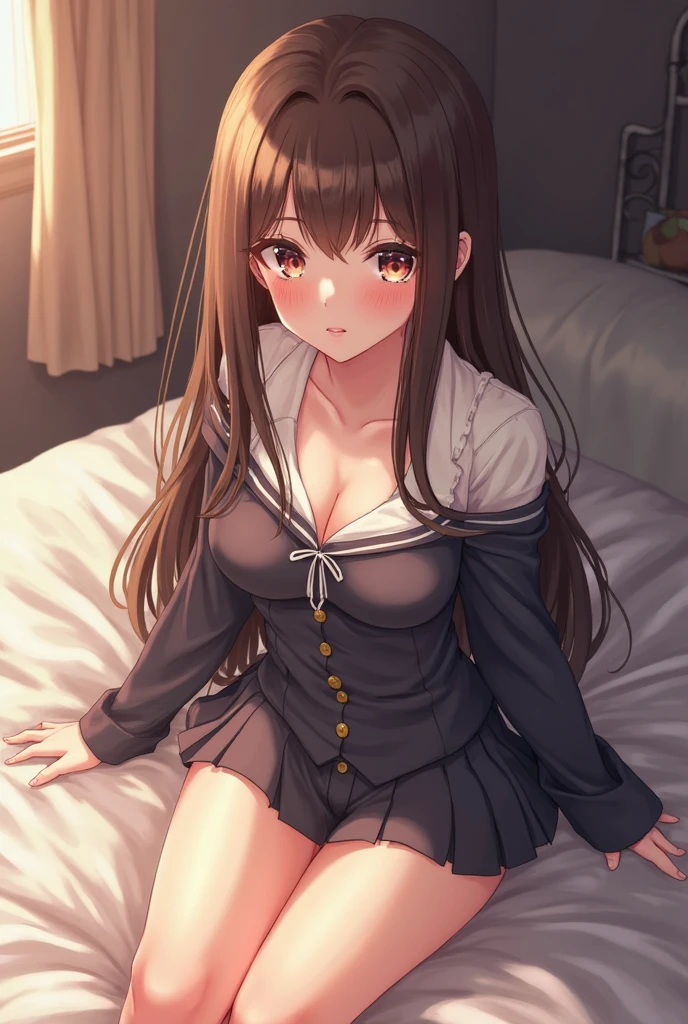 masterpiece, One girl, Brown haired girl, Sailor suitを着て, Long Hair, The body is slim, Pink eyes, Ahoge, Baby Face, Large Breasts, Beautiful breasts, Long sleeve, Beautiful Eyes, (Black knee-high socks:1.1), skirt, プリーツskirt, Sailor suit, Tight shirt, skirt, Bedroom M-shaped legs Pussy Open legs Horny Tongue licking Slanted eyes (Dildo:1.3) Pussy Masturbation