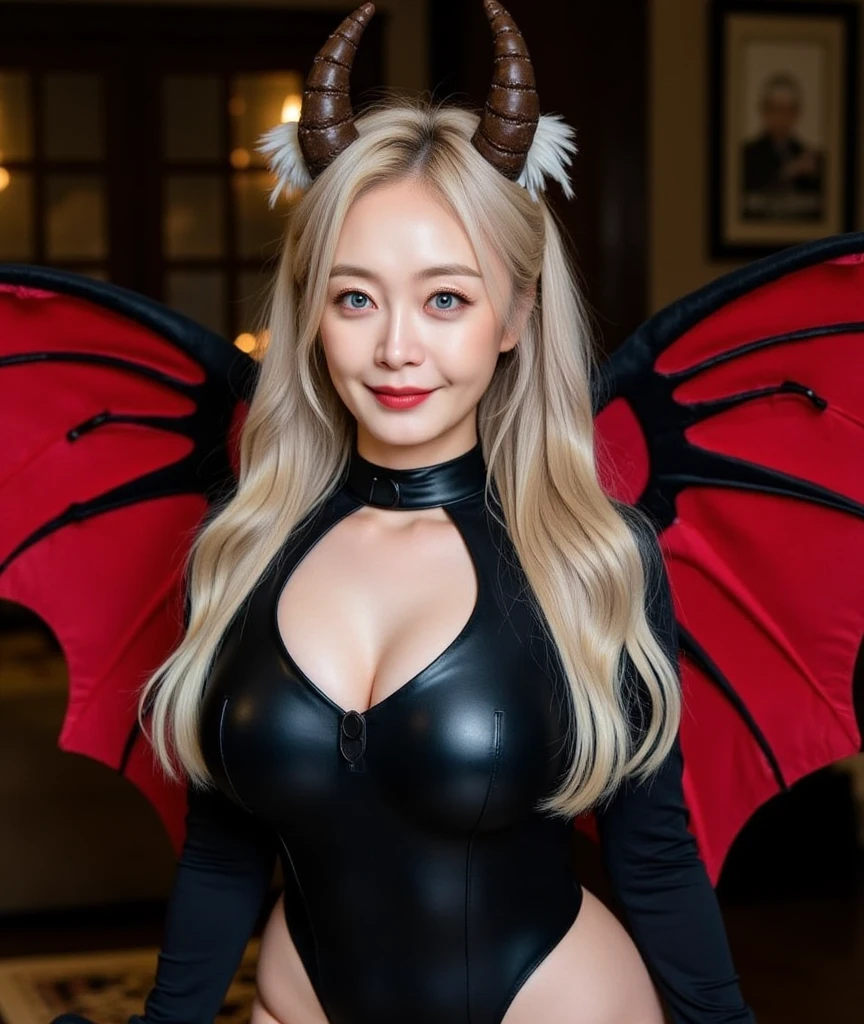 1girl, (Blue Eyes), (smiling :1.2), (Sana Minatozaki), wide hips, Big tits, big ass, (Best Quality, 8k, Masterpiece: 1.3), Clear Focus: 1.2, Perfect Body Beauty: 1.4, strong abs, Highly detailed face and skin texture, detailed eyes, double eyelids, black lined eyes, red lips, (blond long hair), black latex bikini, latex stockings, demon horns, sexy demon girl, sitting on the bed, (open legs :1.3), showing pussy, in a red gothic room, red silk curtains in the background, dim light, (dark theme), (darkness)