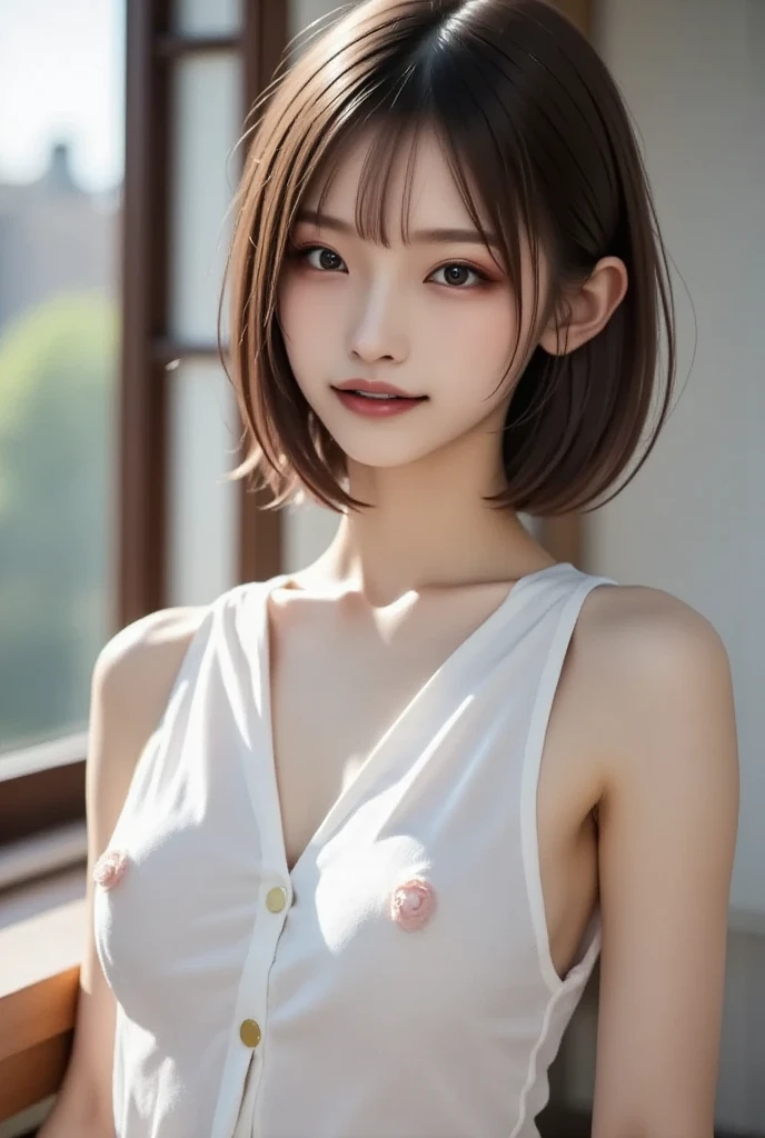 highest quality, realistic, 8K, High resolution, 1 girl, woman, (skin dents), (portrait:0.6), nice, ((white background, naked, small breasts:1.65)), (Brown hair in a ponytail, parted bangs:1.4), looking at the viewer, (1 girl eyes looking at the viewer:1.6), realistic, (Bokeh), (closed mouth, smile:1.3), nice, Pueros face_V1:1,