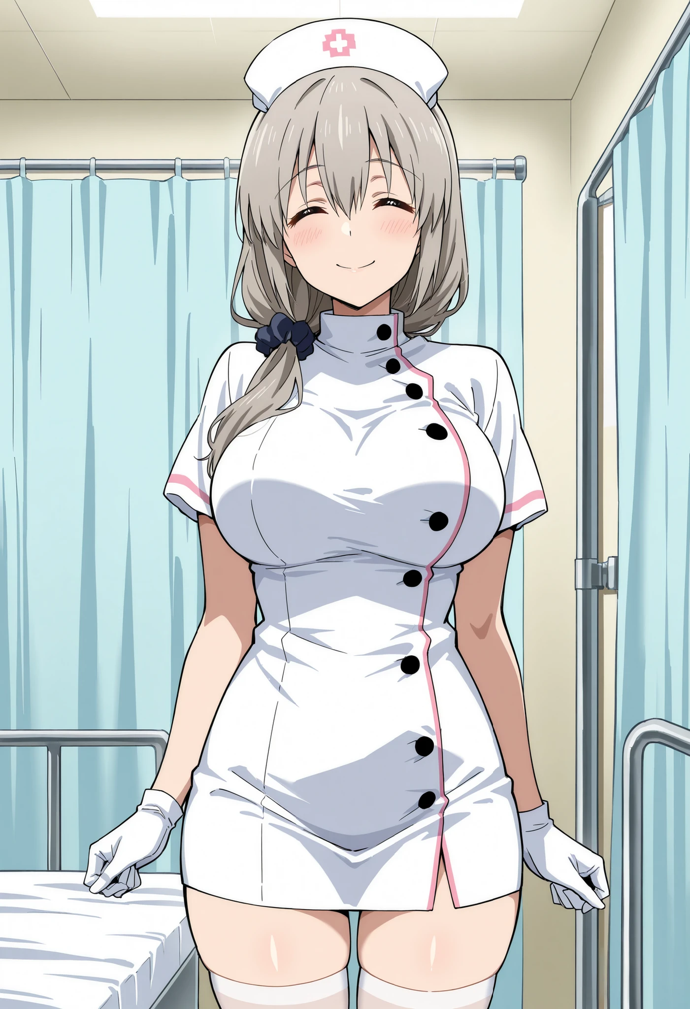 Score_9, score_8_up, score_7_up, source_anime, Tsuki Uzaki, solo, mature female, grey hair, hair over shoulder, hair scrunchie, hair ornament, hair between eyes, bangs, closed eyes, ^_^, large breasts, (best quality), (high quality), {masterpiece}, extremely delicate and beautiful, ultra-detailed, beautiful detailed eyes, nurse, nurse hat, ((white nurse's outfit)), white gloves, white thighhighs, hospital room, smile, closed mouth, standing