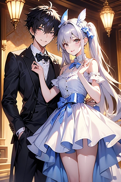 (masterpiece, top quality, best quality, official art, beautiful and aesthetic:1.2),(8k, best quality, masterpiece:1.2), (((masterpiece))),(((best quality))),(((extremely detailed))),illustration, who, (masterpiece, top quality, best quality, official art, beautiful and aesthetic:1.2),(8k, best quality, masterpiece:1.2), masterpiece, best quality, illustration, highres, ultra-detailed, caelus \(honkai: star rail\),commentary request,firefly \(honkai: star rail\), 1girl, 1boy, breasts, dress, smile, grey hair, gloves, blue eyes, yellow eyes, looking at viewer, white dress, long hair, white gloves, wedding dress, short hair, hetero, veil, shirt, bare shoulders, hairband, white shirt, cleavage, medium breasts, elbow gloves, blush, strapless dress, hug, strapless, collared shirt, long sleeves, hair between eyes, black jacket, formal, suit, jacket, alternate costume, bridal veil