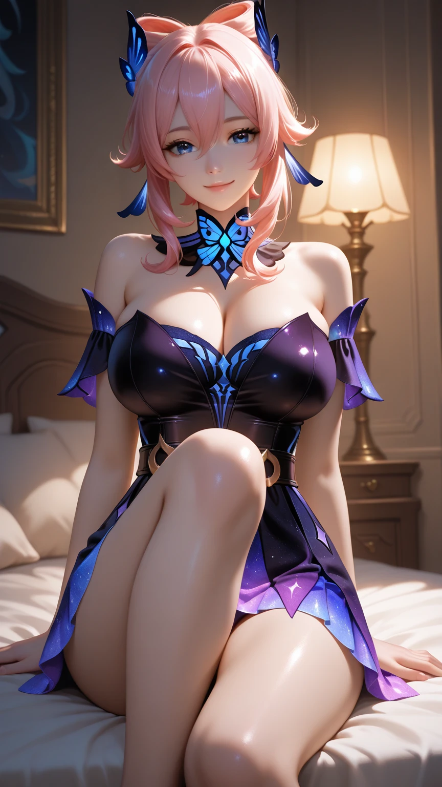masterpiece, glowing particles, ambient lights, cute, full body detailed, 32K, high details, perfect lighting, perfect anatomy, soft light, BREAK ((shiny silver hair)), bob cut, bang between eyes, beautiful hair), (glossy silver eyes:1.5), (beautiful eyes, twinkle eyes, large eyes, close eyes), BREAK (athlete body, large breasts), cute face, beautiful face, pretty face, beautiful, best quality, good anatomy, long eyelashes, expressive eyes, Perfect Hands, BREAK 1girl, standing, (color theme: (deep purple:1.6) and gold), she wearing a (mermaid-shaped dress) inspired by the colors and patterns of a deep purple swallowtail butterfly's wings, the dress is tight-fitting to accentuate the body line, with a base color of deep purple, adorned with gold glitter and sequins, The accessories are also inspired by the colors of the swallowtail butterfly, adding a touch of elegance and sparkle,