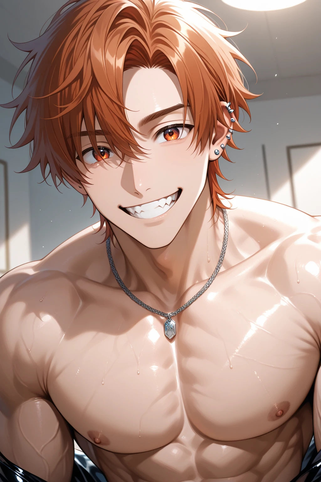((the best quality)), ((Masterpiece)), (details), perfect face, high definition, Masterpiece,4k,details clearly, Handsome face, white skin, perfect body, male body, strong muscles, abdomen, Green eyes, white skin, The most handsome man in the world, handsome, The coolest face, Male characters, close image (1man, shirtless), young man, mischievous smile, Extremely muscular tall man, open your eyes ((detailed eyes)), huge, muscular body and Massive, bulging pecs, muscular abs, narrow waist, layered hair, Green eyes, delicate big eyes, carefree expression, clear face, handsome (detailed face, perfect face) ((extremely realistic shadows)), bodybuilding posture, human, ((22-year-old young man)), V shape, ((Red Slacks)), Shirtless, Studio lights, backstage, lower pants, topless, close up look, CG sense, Textured skin, the best quality, Storytelling images, lower your pants, Show your abs, show arm muscle, Red hair, Medium hair, small fox ears on head, Handsome Smile, Dark eyebrows, ((mouth detailed)), seductive eyes, Teeth detailed, Have two Fangs, eyes contact, Famous, Red pants, Studio room, open mouth Singing, perform on stage, stage lights, holding a microphone, extremely fun concert, wave hello