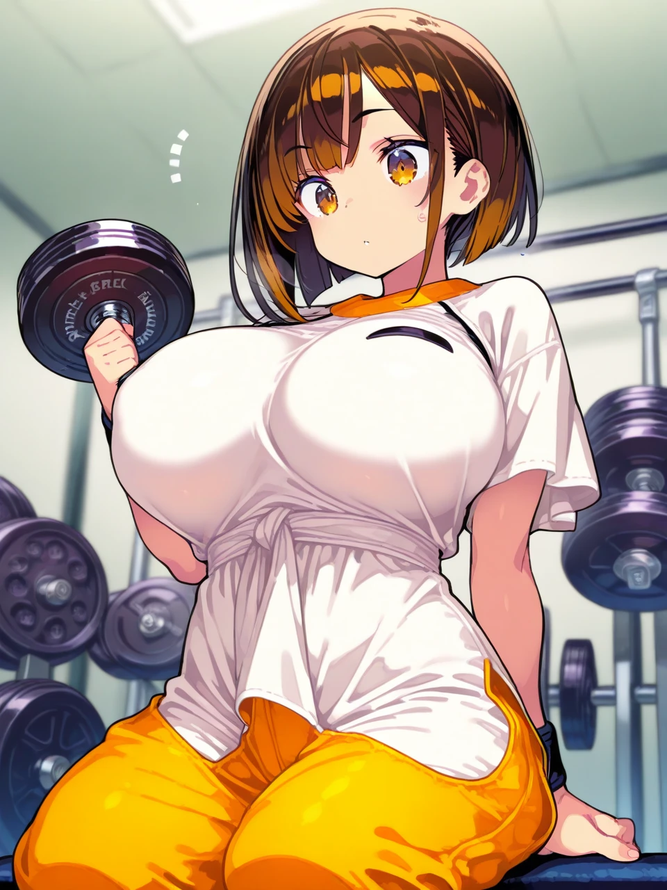 tanned, tan skin, At, orange tank top, orange shorts blush Super huge big breasts breast enlargement Standing alone on the basketball court full-body shot