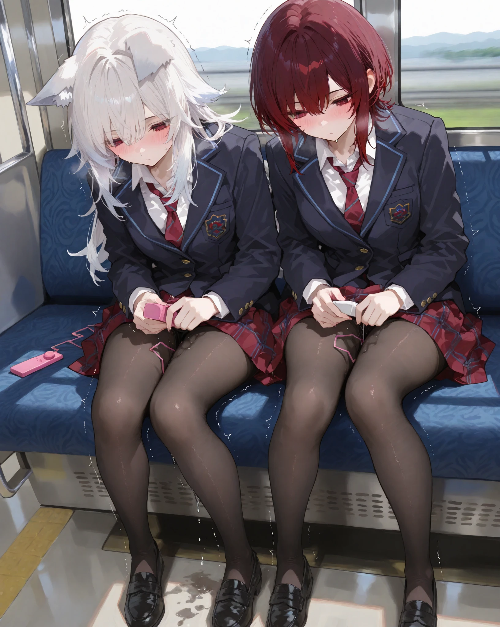 train_interior, mouth_mask, thighhighs, skirt, necktie, vibrator, 2boys, pink_hair, skirt_lift, public_indecency, mask, clothes_lift, lifted_by_self, phone, sex_toy, english_text, school_uniform, holding_phone, navel, holding, red_necktie, jacket, male_focus, cellphone, looking_at_viewer, solo_focus, shirt, collared_shirt, blush, white_shirt, sitting, smartphone, exhibitionism, medium_hair, bag, pussy_juice, hair_between_eyes, pink_eyes, vibrator_in_thighhighs, pleated_skirt, long_sleeves, bangs, purple_eyes, heart-shaped_pupils, heart, black_thighhighs, cum