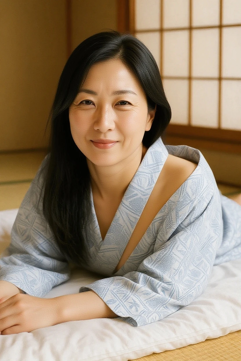 Create a 40-year-old Japanese woman, sitting on the bed, in a blue room 